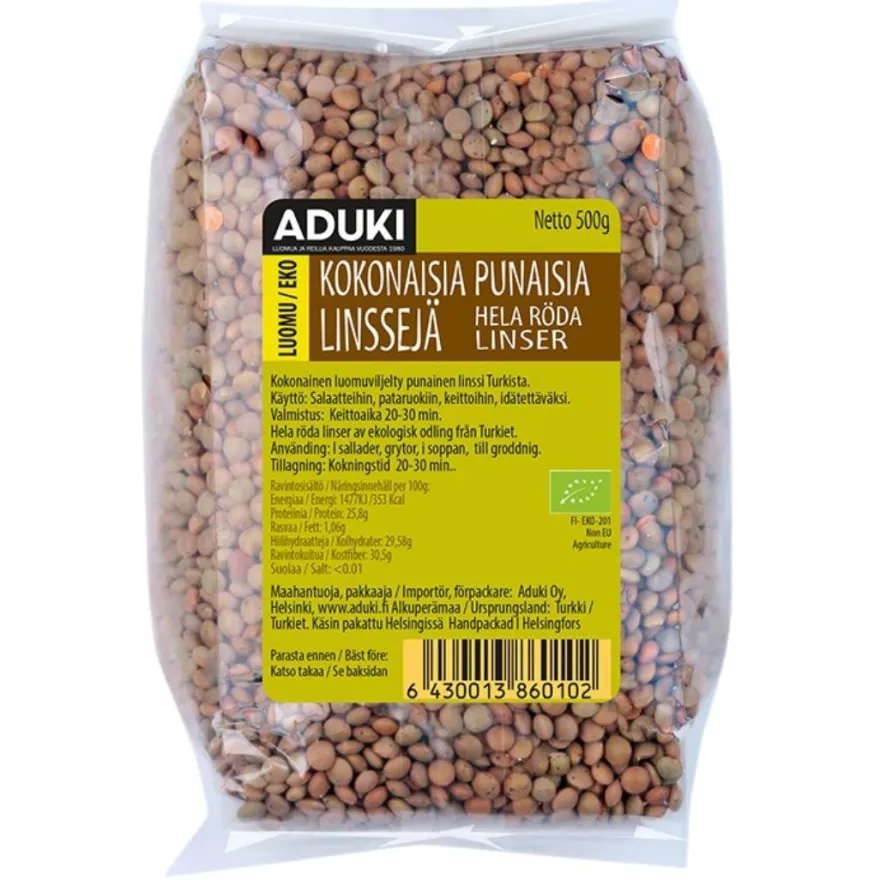 Aduki Luomu Kokonainen Punainen Linssi