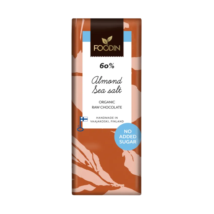 Foodin Luomu Sokeroimaton Raakasuklaalevy Manteli Merisuola 60 %