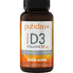 Puhdas+ Premium D3-vitamiini 100 µg + K2 + Omega-3 + A-vitamiini