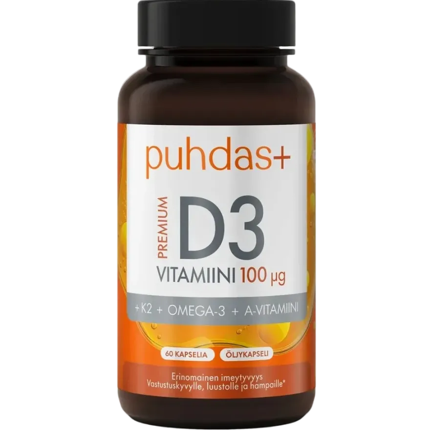 Puhdas+ Premium D3-vitamiini 100 µg + K2 + Omega-3 + A-vitamiini