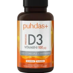 Puhdas+ Premium D3-vitamiini 100 µg + K2 + Omega-3 + A-vitamiini