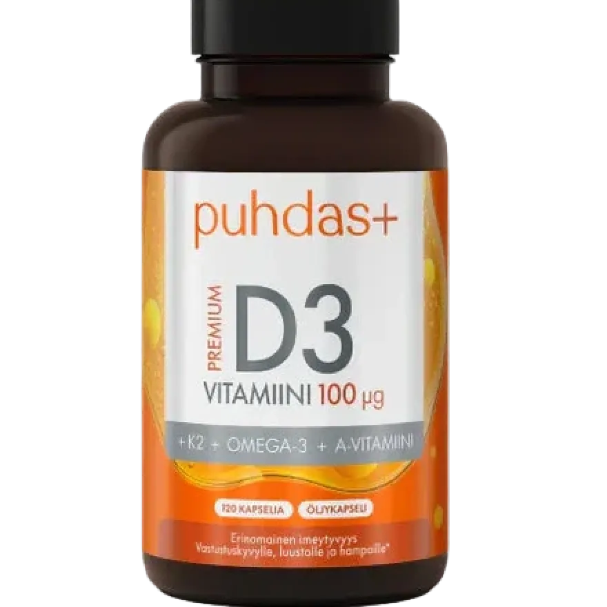 Puhdas+ Premium D3-vitamiini 100 µg + K2 + Omega-3 + A-vitamiini