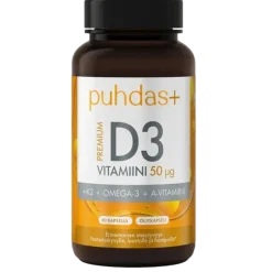 Puhdas+ Premium D3-vitamiini 50 µg + K2 + Omega-3 + A-vitamiini